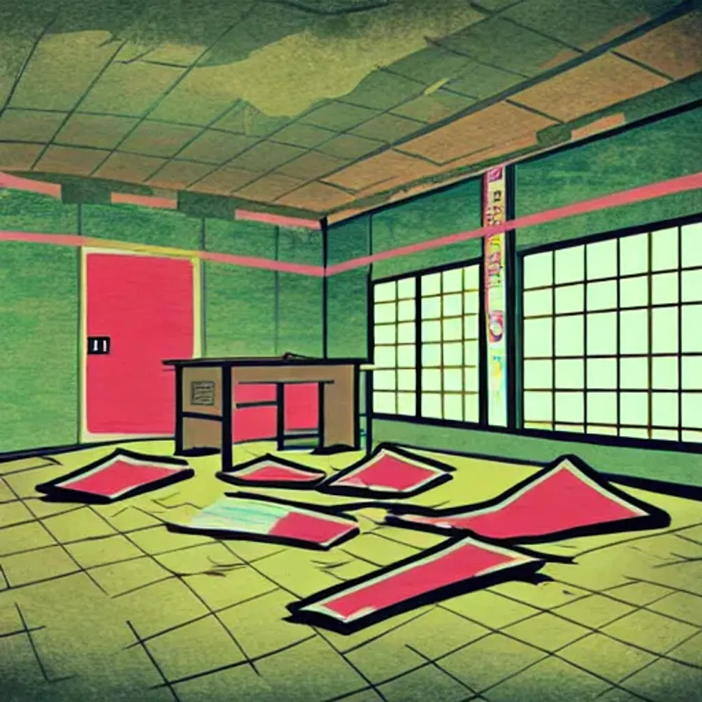 Prompt: abandoned japanese school room, writing on wall, garbage on floor, liminal space, anime poster on wall, line art style, washed out colors