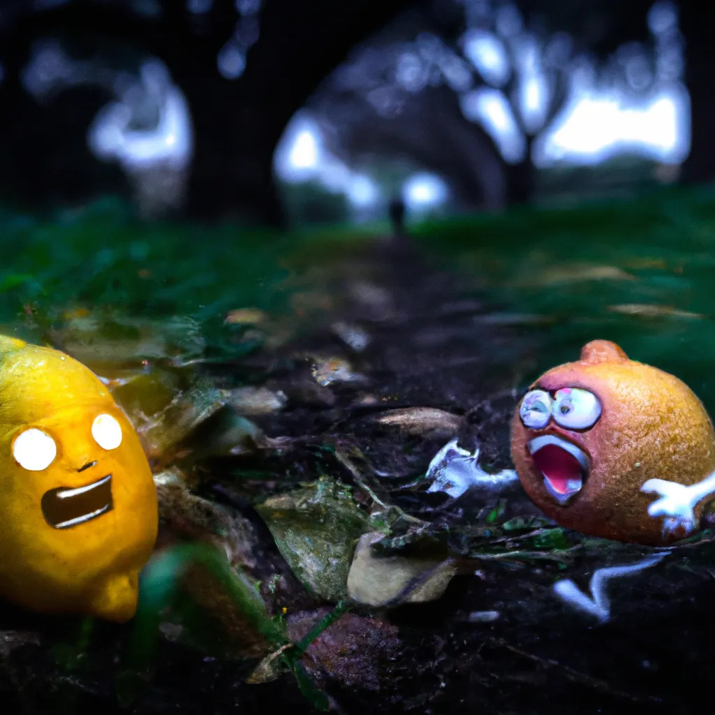 Prompt: a scared large cute lemon running away from a ghost orange in a park, photorealistic, photorealism, dynamic lighting, horror movie still, in the style of Disney Animation Movie