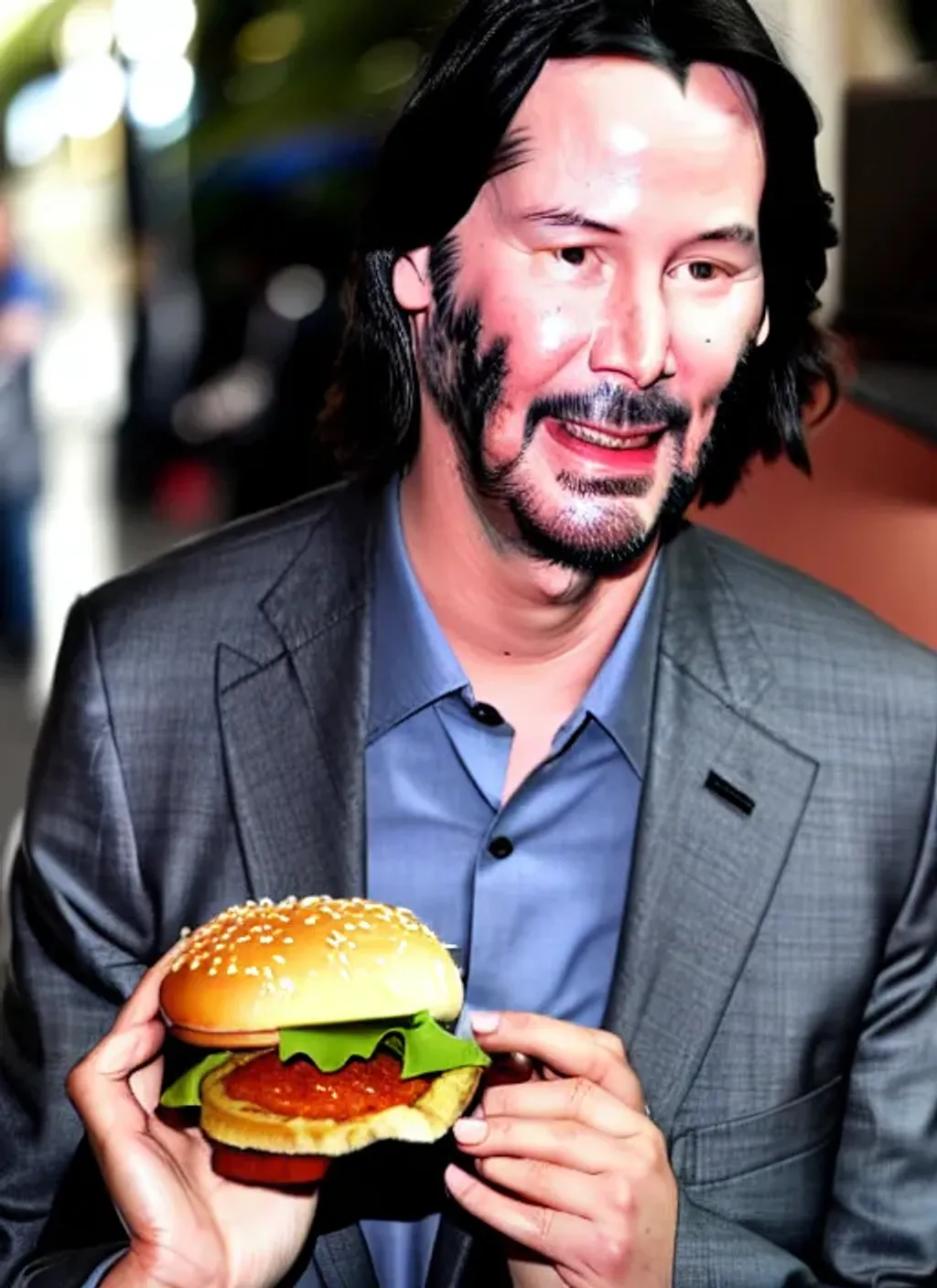 Prompt: Keanu Reeves eating a hamburger, photograph taken in 2019