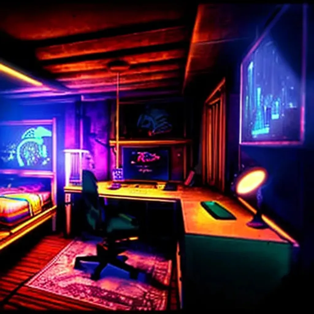 Prompt: bioshock's rapture in neons in a fort frolic, bedroom apartment with a bed and a desktop workspace with 3 computer monitors, warm lights