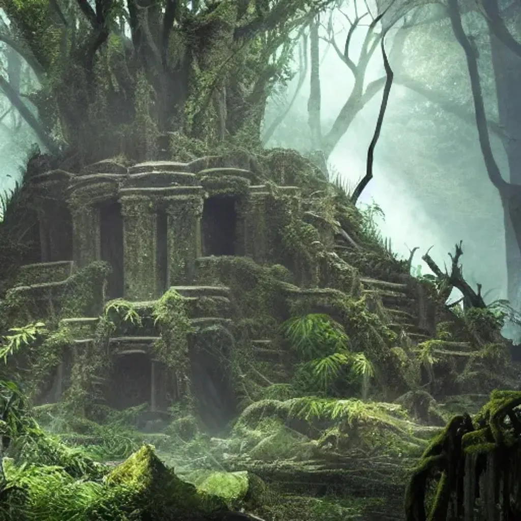 Prompt: splash art of a decayed sacrificial altar in overgrown jungle ruins, primitive, primal, mossy, dense jungle canopy overhead, sunlight filtered through leaves, small animals nearby, peaceful mood, dim lighting, action shot, heroic fantasy art, special effects, hd octane render