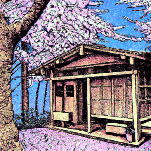 Prompt: Japanese house made out of dark wood in cherry blossom forest, 1970s grainy vintage illustration