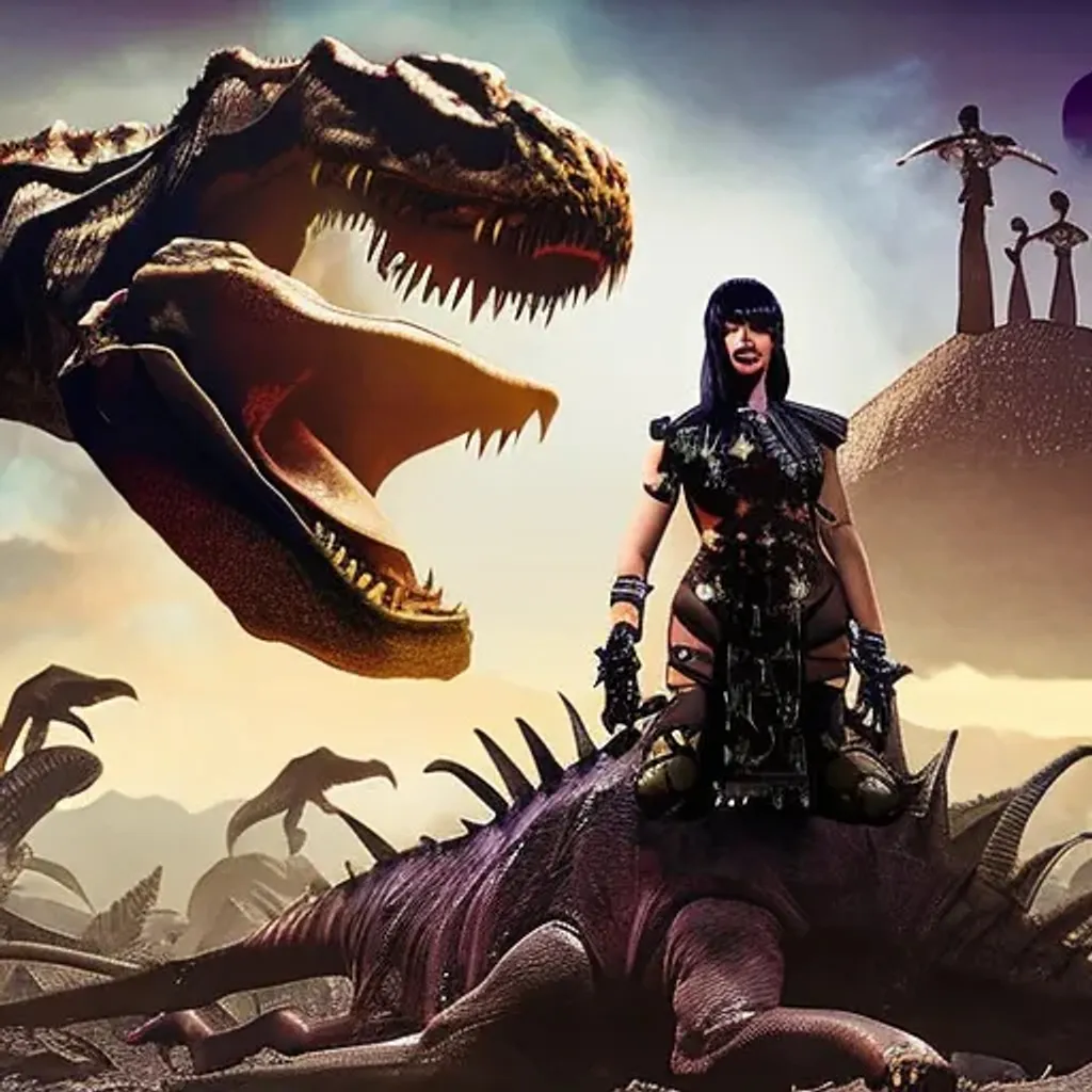 Prompt: Cyberpunk version of Cleopatra standing triumphantly on top of a mound of dead dinosaurs 