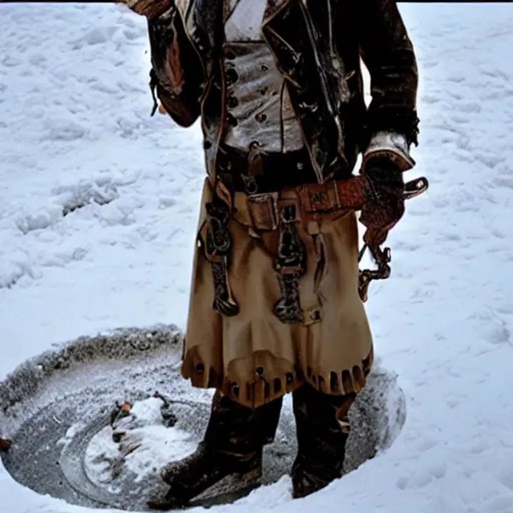 Prompt: Steampunk madmax is digging a hole in the snow to bury something 