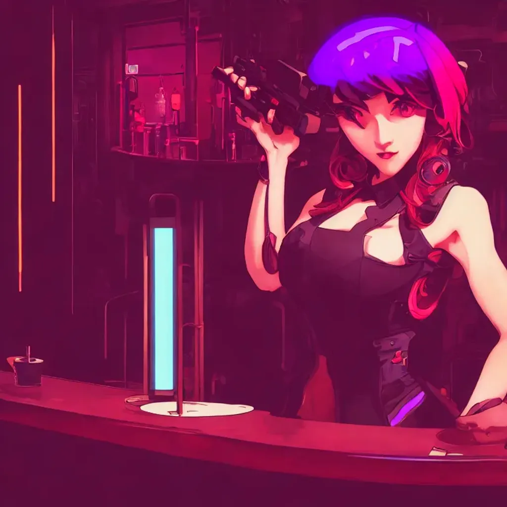 Prompt: beautiful va11 hall-a cyberpunk bartender by alphonse mucha, ilya kuvshinov, anime art wallpaper, neon retro bar, intricate details, volumetric lighting, sharp focus, trending on artstation