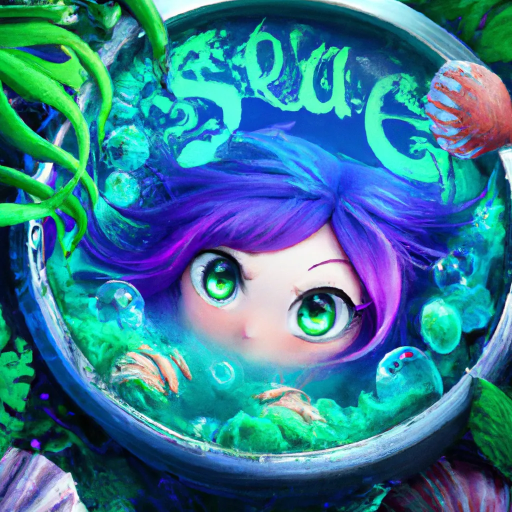 Prompt: Key Disney Visual  Of A purple cauldron opening up a portal into the ocean where you see a  happy anime mermaid with blue hair swimming past green sea weed , green tail  purple cauldron, Digital art, trending on artstation, Photorealistic Illustration, anime key visual, cinematic, Ultra Detailed , trending on pixiv, kawaii eyes , ocean colour pallete