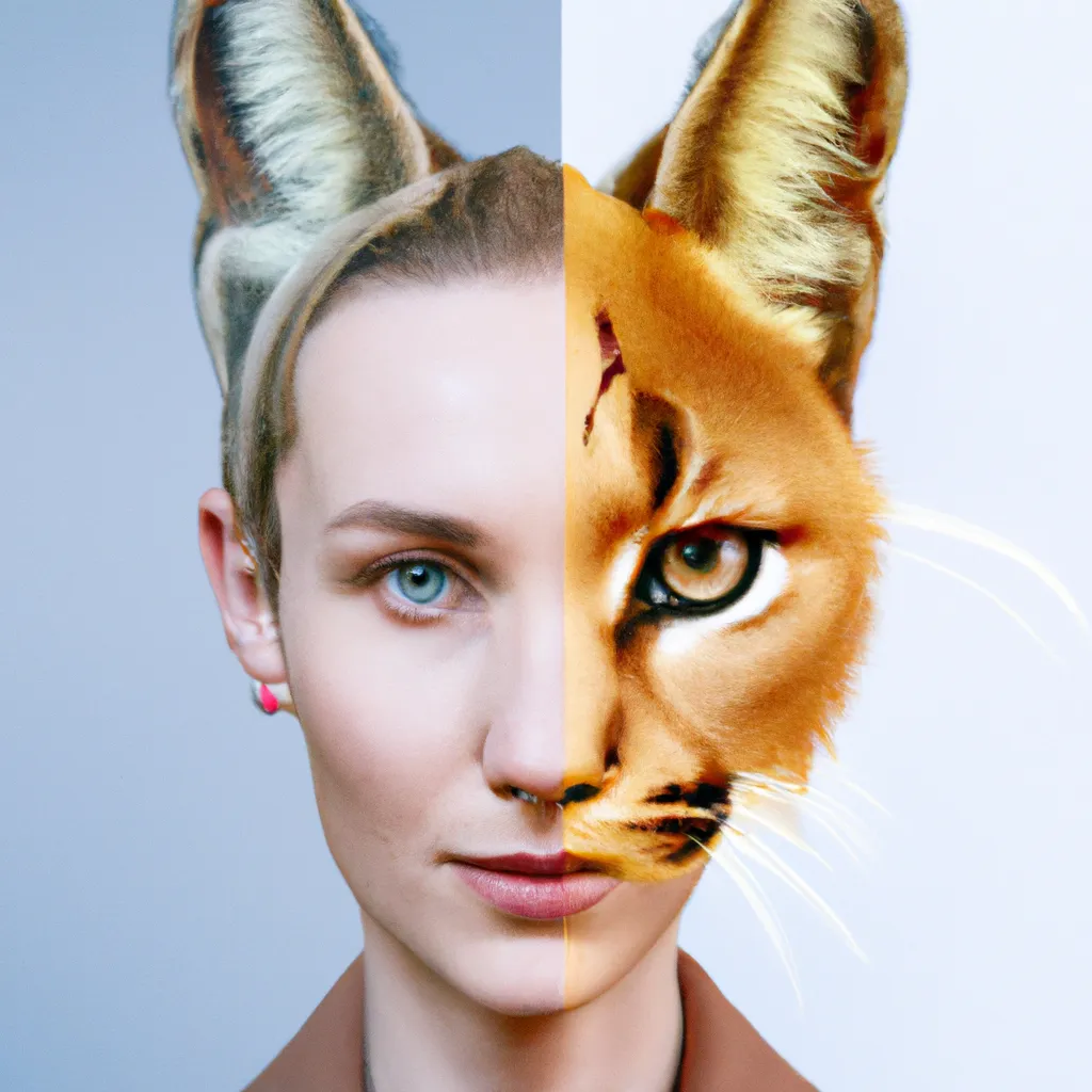 Prompt: A photo of a cute young woman's head combined with a 3D render of a hybrid caracal head. Epic film poster style.