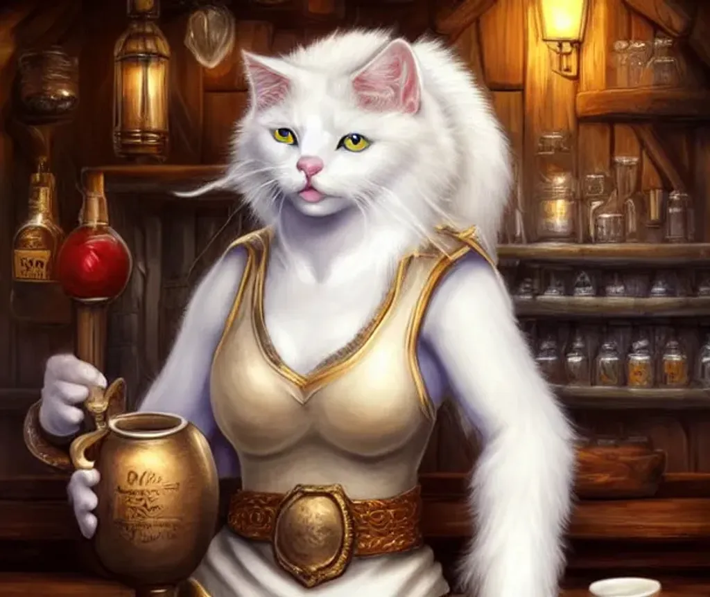 Prompt: A female white catfolk holding a tankard of ale. Background is a tavern bar. fantasy artwork, realistic shaded, fine details, Artgerm, ultrarealistic HDR, highly detailed. Fine facial features. Ultra realistic face. bright eyes, soft smile. D&D. smooth. sharp focus. Intricate. Magical, Fantasy, elegant, concept art.