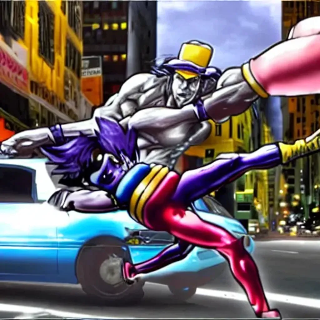 Prompt: star platinum punching diver in new York city on top of a car hyper realistic 4k HD