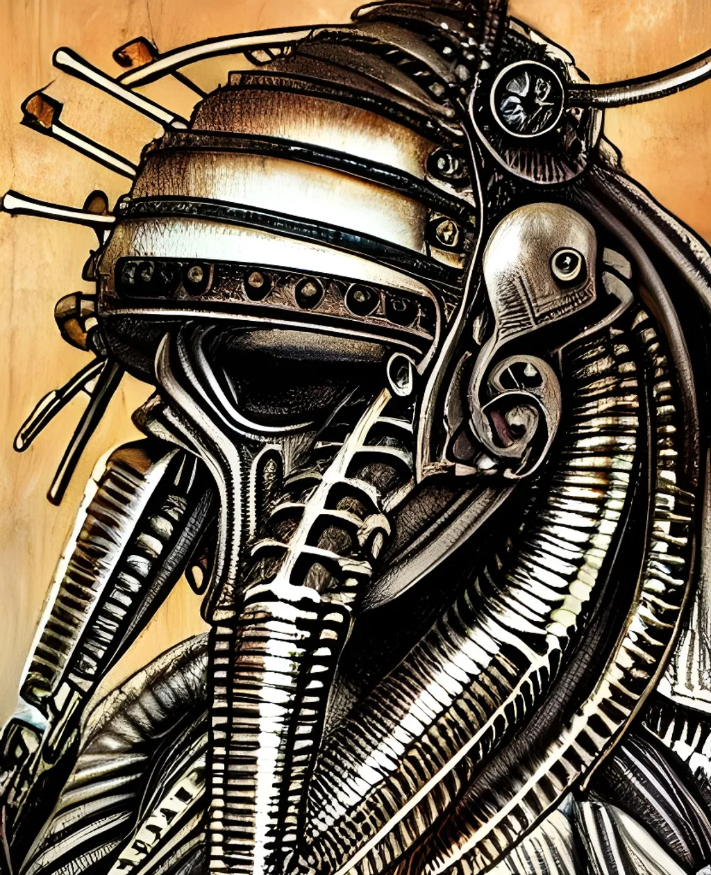 Prompt: h.r. giger's creature with biomechanical full head helmet with intricate details and corrugated tubes, ram horns, antennas and rusty gears, with a intricately detailed katana in his hands, riding a black horse, zoomed out scene