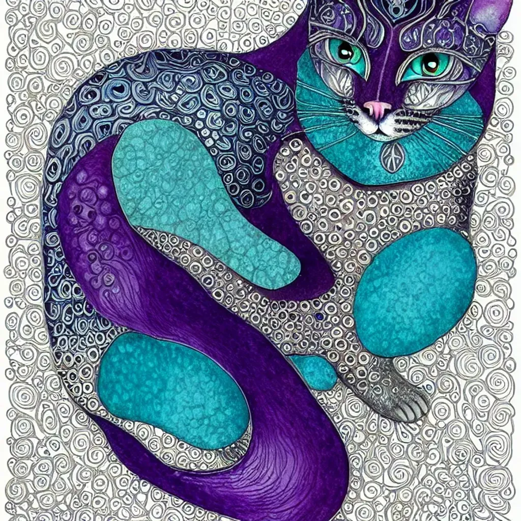 Prompt: Sitting Zentangle bejewelled water cat, indigo, aubergine, cream photorealistic eyes, very fine long wispy fur, translucent colours, fursona, water droplet reflections, in the style of  and Patricia Polakko, photo realistic, background gradient turquoise intricate, hypermaximalist elegant aesthetic, ornate, hyper realistic, cinematic, furpunk, animecore, concept art, smooth, sharp focus, Unreal Engine 5, 128K UHD pi, fractal, fBm