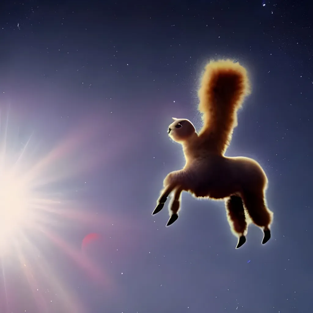 Prompt: flying alpaca in the sky cosmic supernatural beautiful