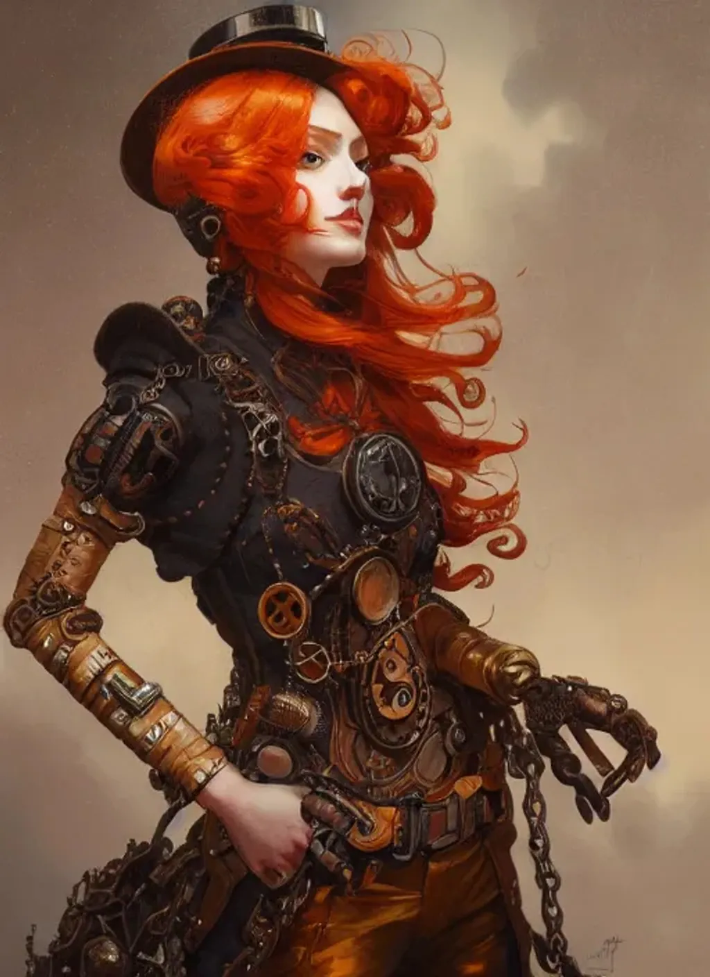 Prompt: Portrait of steampunk woman with dark orange hair and with cute face, western background, perfect composition, hyperrealistic, super detailed, 8k, high quality, trending art, trending on artstation, sharp focus, studio photo, intricate details, highly detailed, by greg rutkowski