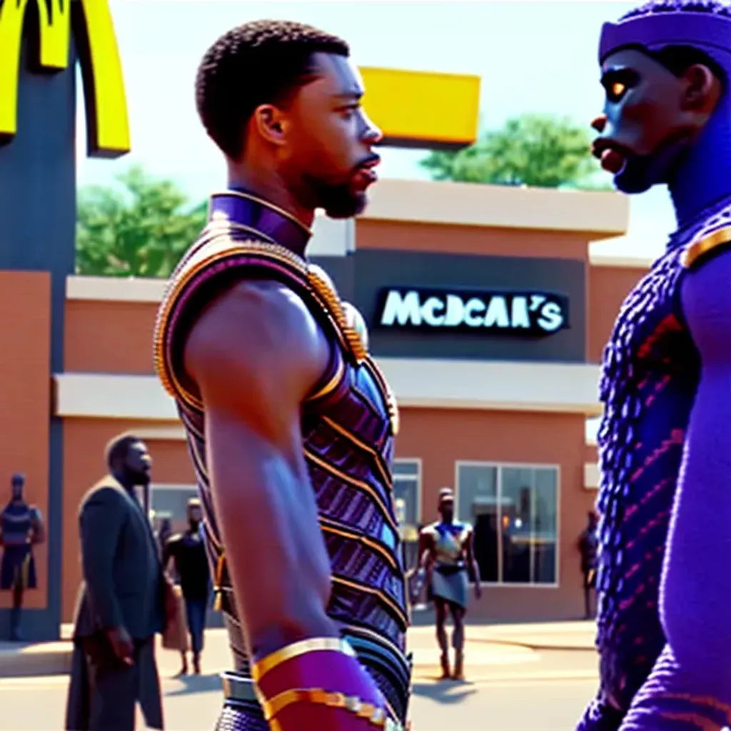 Prompt: King T’challa from Wakanda meets prince Akeem Joffer of Zamunda in front of a McDonalds restaurant, 80mm lens, over the shoulder point of view, photograph, film, video camera, realistic, highly detailed