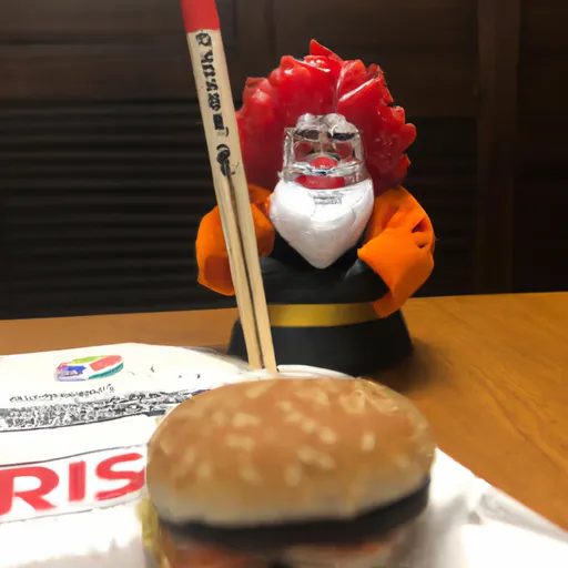 Prompt: Ronald McDonald endorsing Burger King as a joke we’ll eating sushi from Wendy’s