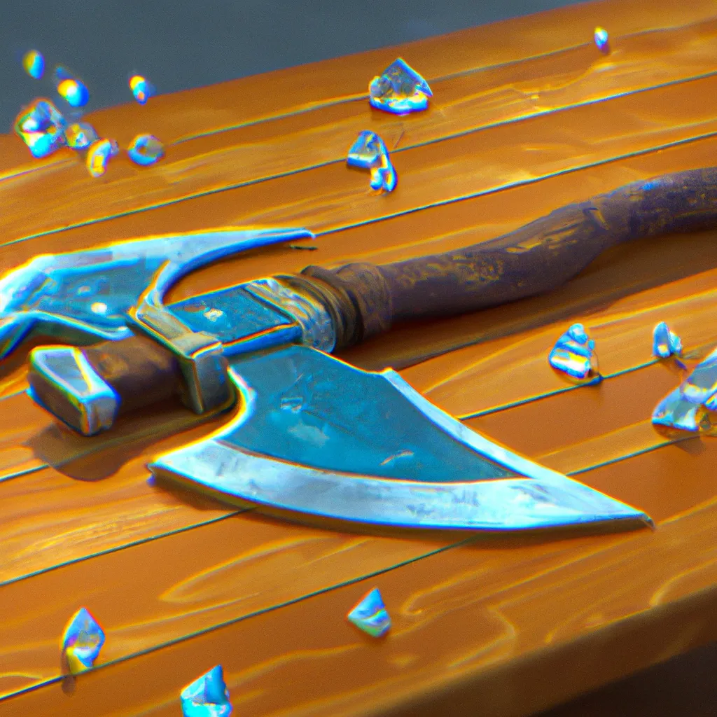 Prompt: Diamond axe on wooden table, digital art