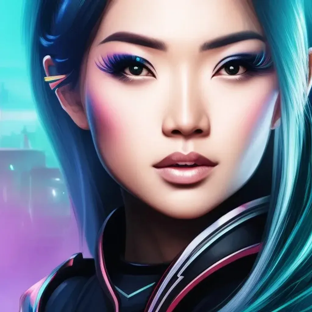 Prompt: Professional painting of a beautiful Asian cyberpunk woman with modern hairdo, and other Artstation illustrators, intricate details, face, portrait, headshot, illustration, UHD, 4K