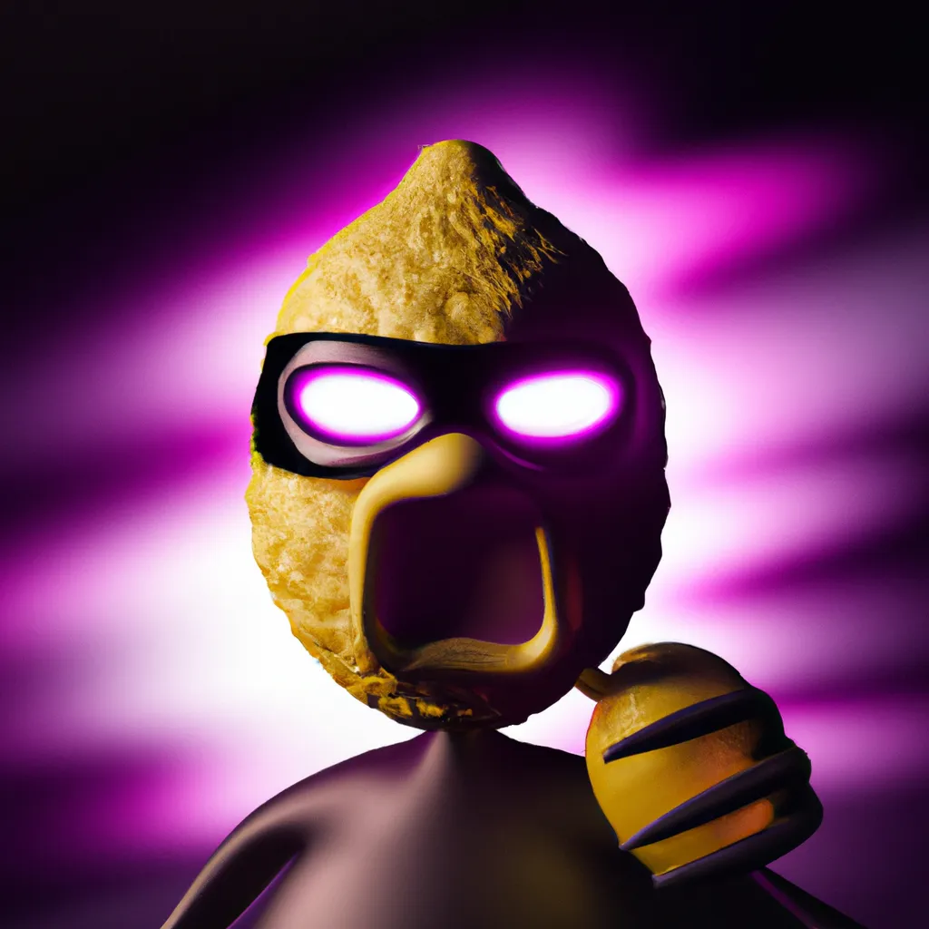 Prompt: Villain lemon with a mask and costume, 3d render, dramatic lighting, horror, creepy, purple, orange