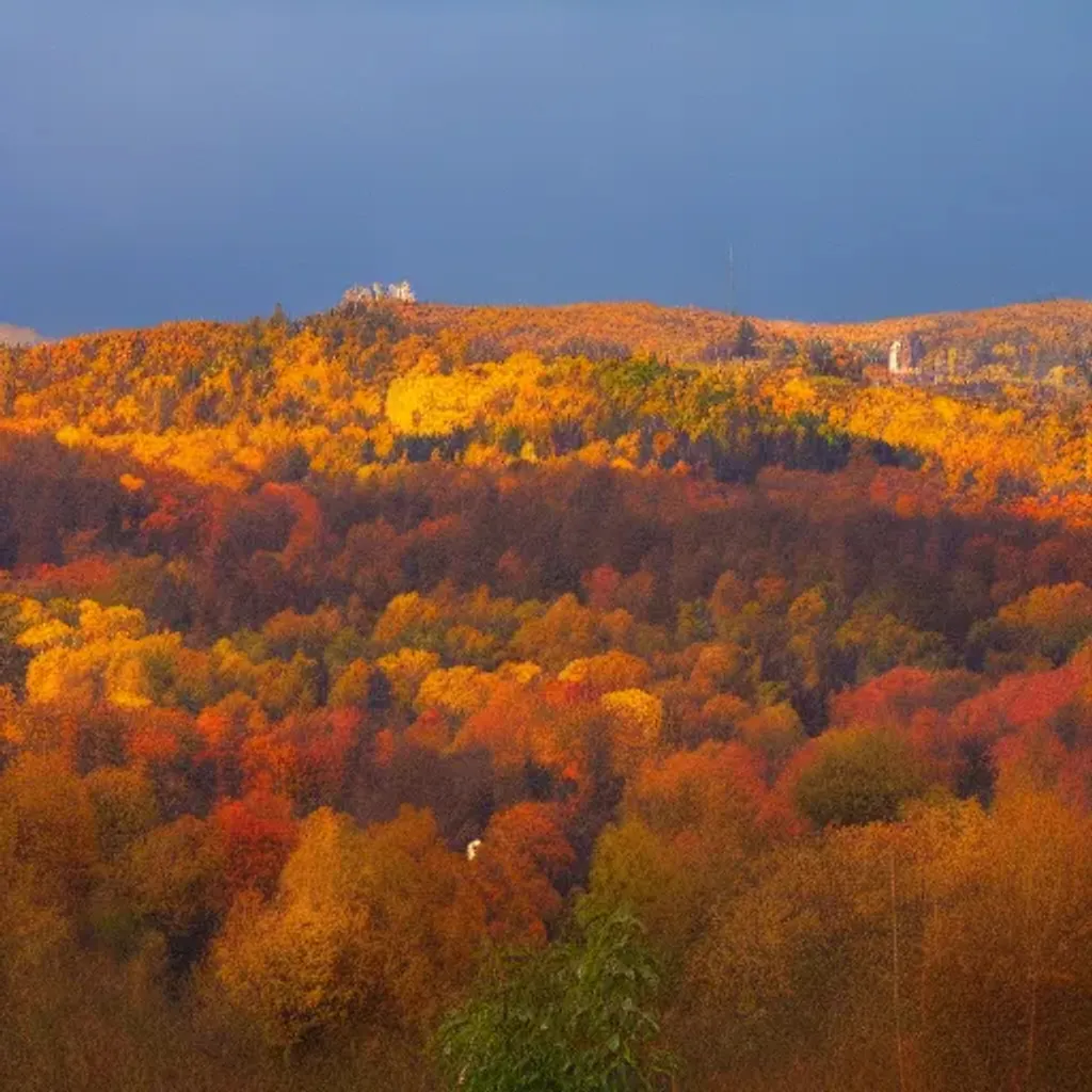 Prompt: hills covered in trees with autumn colors, soft light, at night with city in the distance