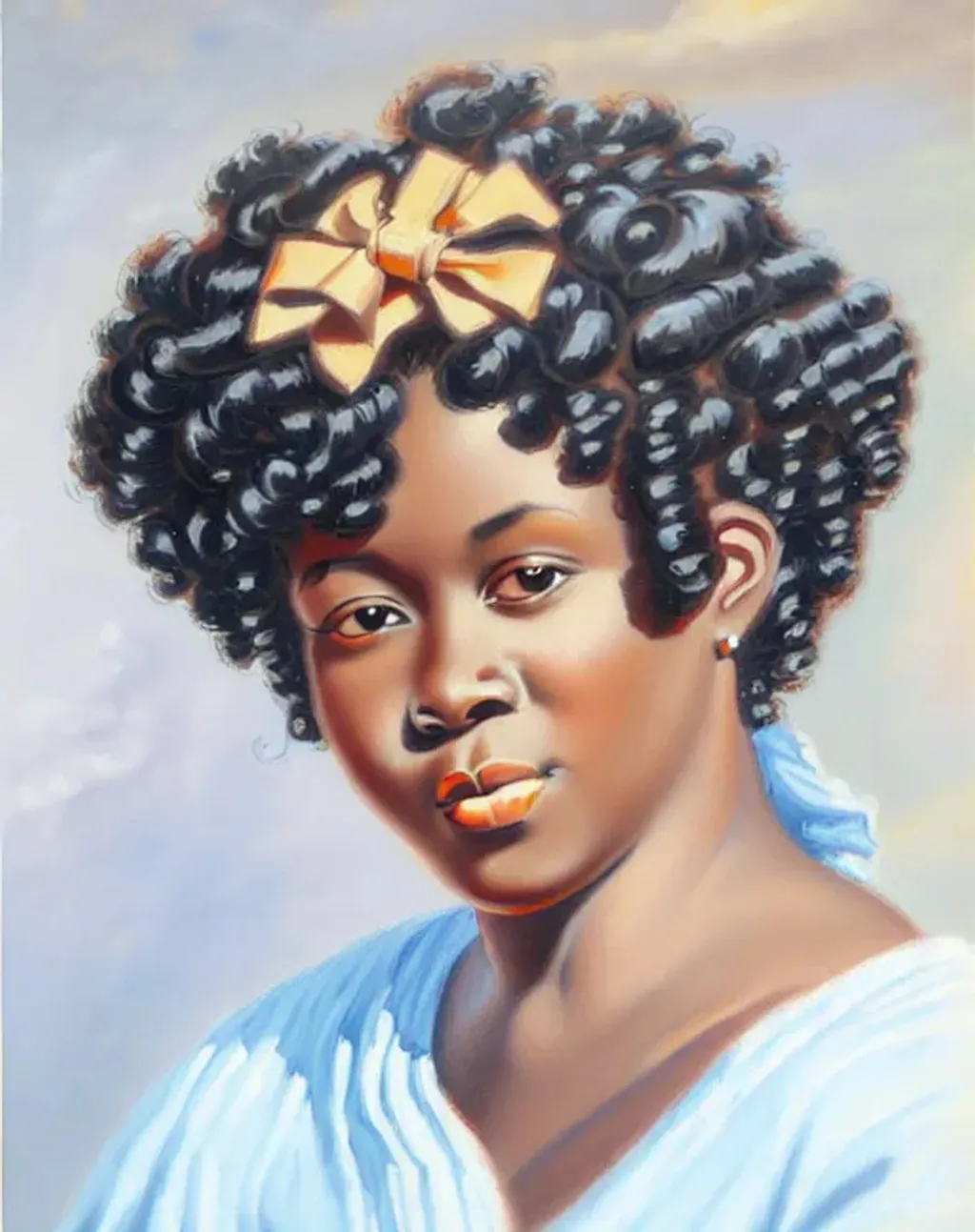 Prompt: African American Gibson girl with black curly hair oil painting