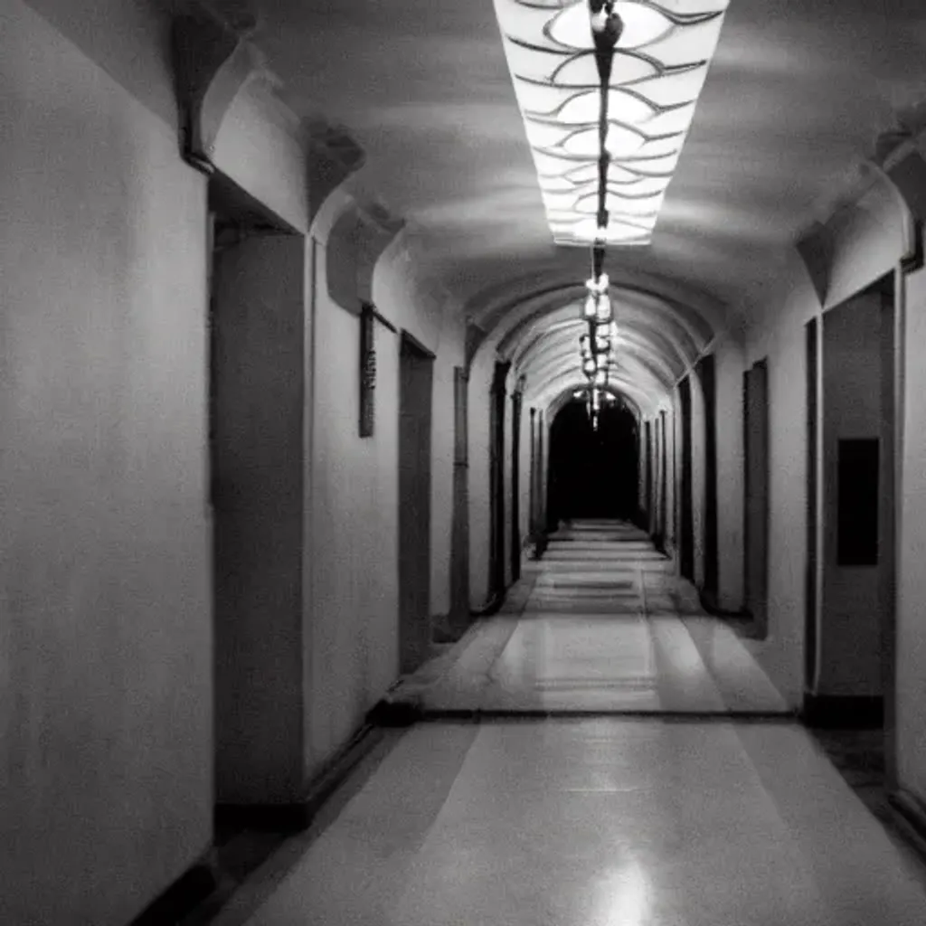 Prompt: dark long grey castle hallway full on wrong ways. and masked demons. monochromatic brown.