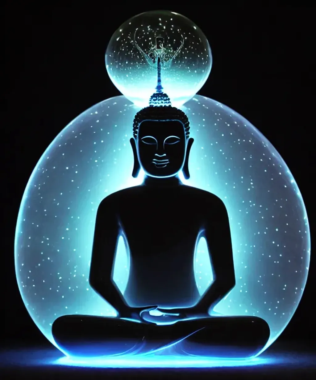 Prompt: detailed glowing Buddha made of light inside crystal sphere meditating in space with stars inside, aurora borealis