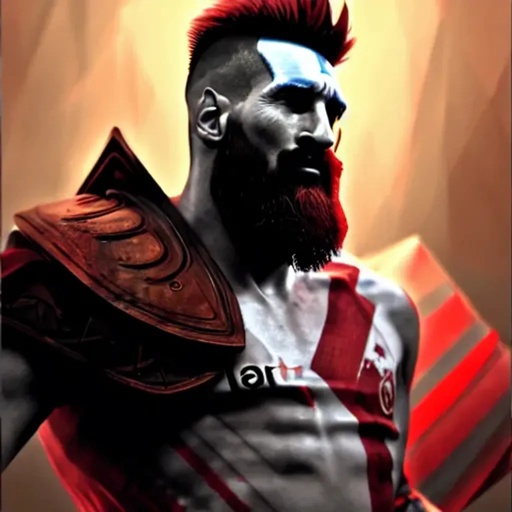 Prompt: A matte portrait paining of Lionel Messi as a god of war, Argentina colors, Breathtaking, 8k resolution  by Stanley Artgerm Lau, WLOP, Greg Rutkowski,  dynamic lighting hyperdetailed intricately detailed Splash art trending on Artstation triadic colors Unreal Engine 5 volumetric lighting