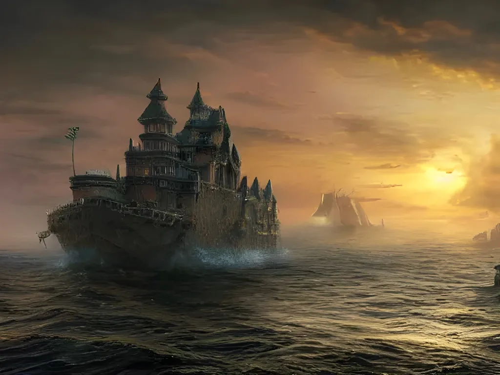 Prompt: Wide shot of Intricate Majestic "ancient castle on ship", ship sails at sunrise in "middle of ethereal seas", artgem, hyperrealism, hd, artstation, octane render, detailed ilustration, castle on ship, perfect composition, hd, ultra detailed, highly intricate, moss covered ship, greg rutkowski, alphonse muca