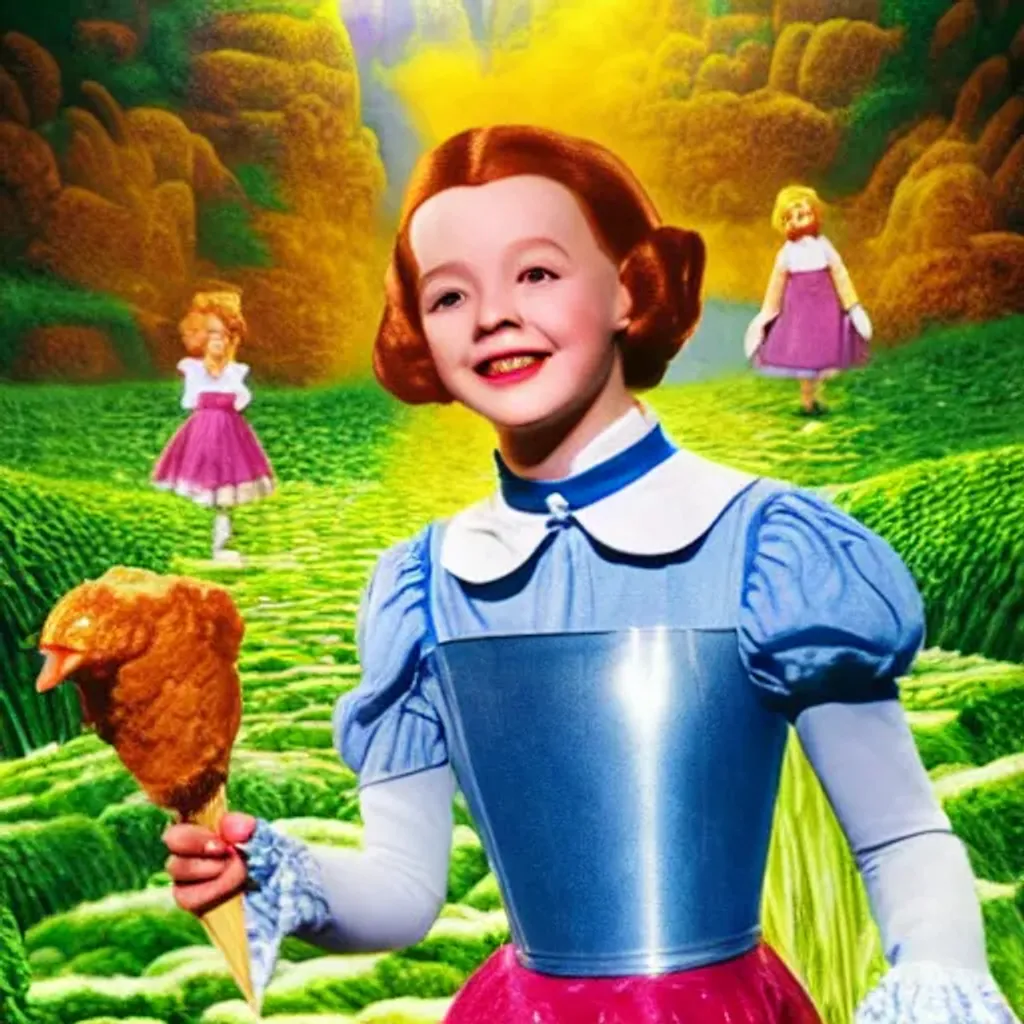 Prompt: Ultra high Quality photo | The Wizard of Oz eating Ice Cream along the yellow brick road, Fantasy, Dynamic Lighting, 3D Render, Ultra Realistic, 4K HD Photograph | chickens  | fine details and expressions | industrial revolution | ultra high resolution octane | midjourney | centered | photo realistic | upscale | by Artgerm Artstation, Hanako Yamamoto Disney Pixar 