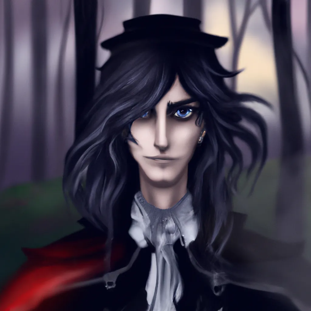 Prompt: A digital portrait of steampunk gothic vampire with long hair and red eyes, beautiful face, and a long black cape, with a dark rainy forest on the background, high quality illustration