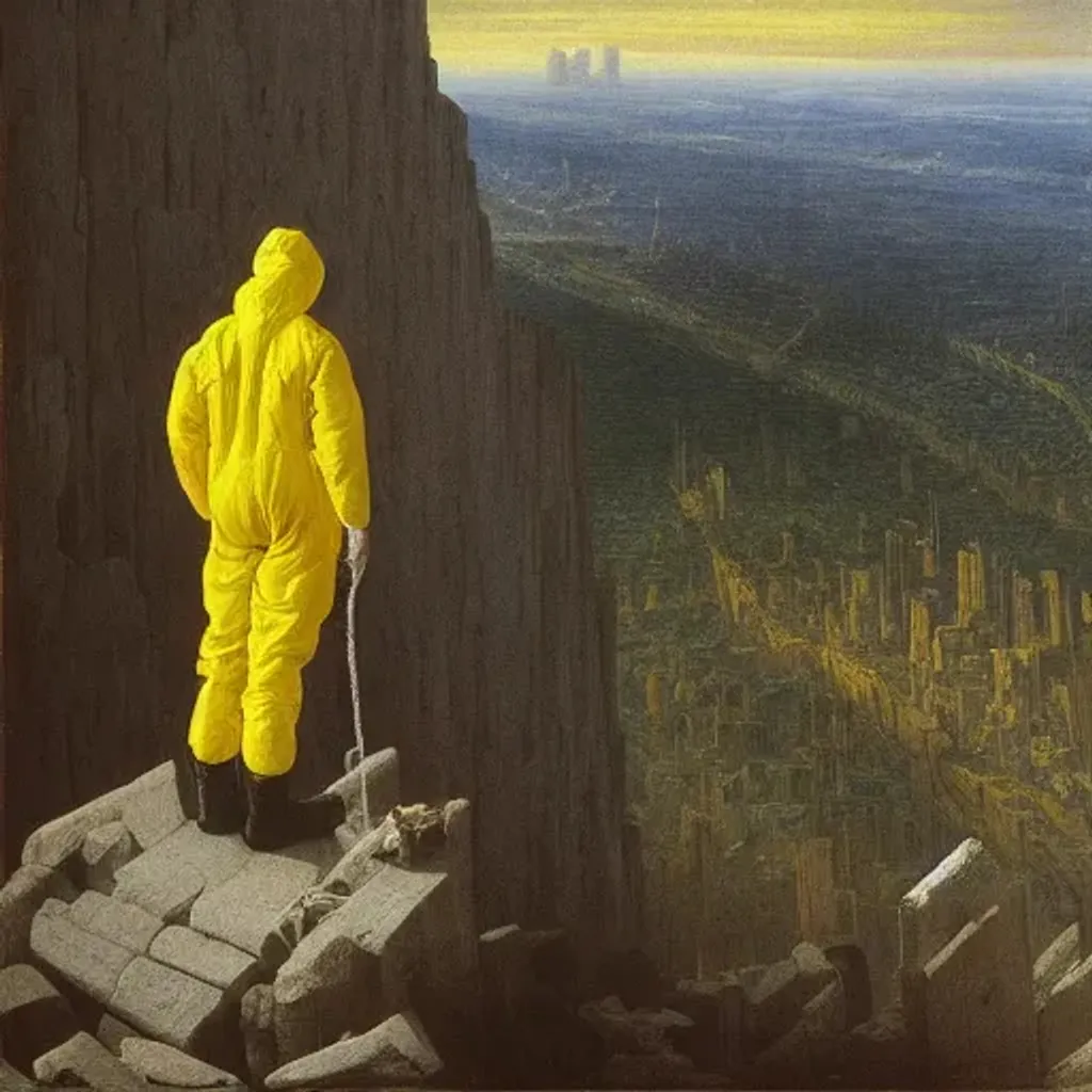 Prompt: Man with his back to us in yellow hazmat suit looking over a mountainous ledge at a crumbling city, apocalypse, caspar david friedrich painting