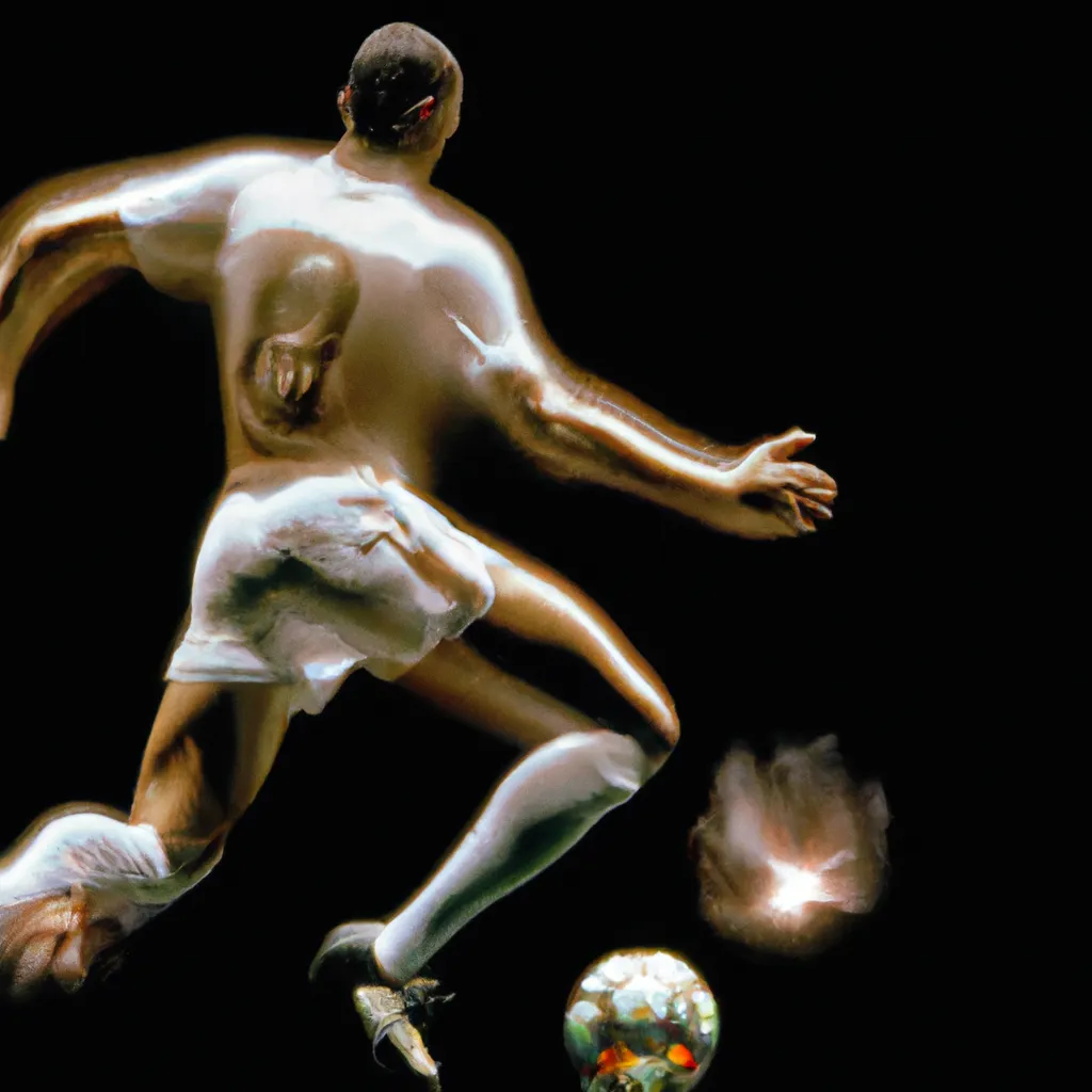 Prompt: a smooth transparent clear crystal body of Christiano Ronaldo reverse kicking a soccer ball appears to be illuminated by smooth streaks of random lightning bolt wrapping his transparent crystal body in total darkness by Christian W. Staudinger, featured on cg society, see through, perfect composition, black background, darkness, holography, backlight, transparent crystal, chiaroscuro, bioluminescence, opalescent, iridescent, x-ray hologram | 3d octane render | octane lighting | dream fantasy | centered | octane render artstation trending 8k ultra-detailed  | sharp focus golden ratio | Disney Pixar Dreamworks 