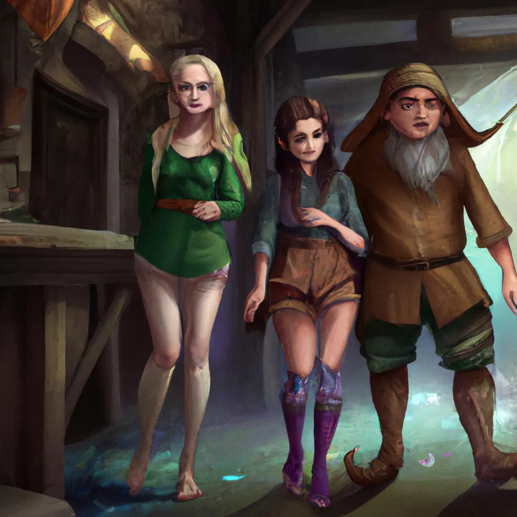 Prompt: An female elf, a short dwarf, and a hobbit with big feet walk into a bar. 
Fantasy, photorealistic 