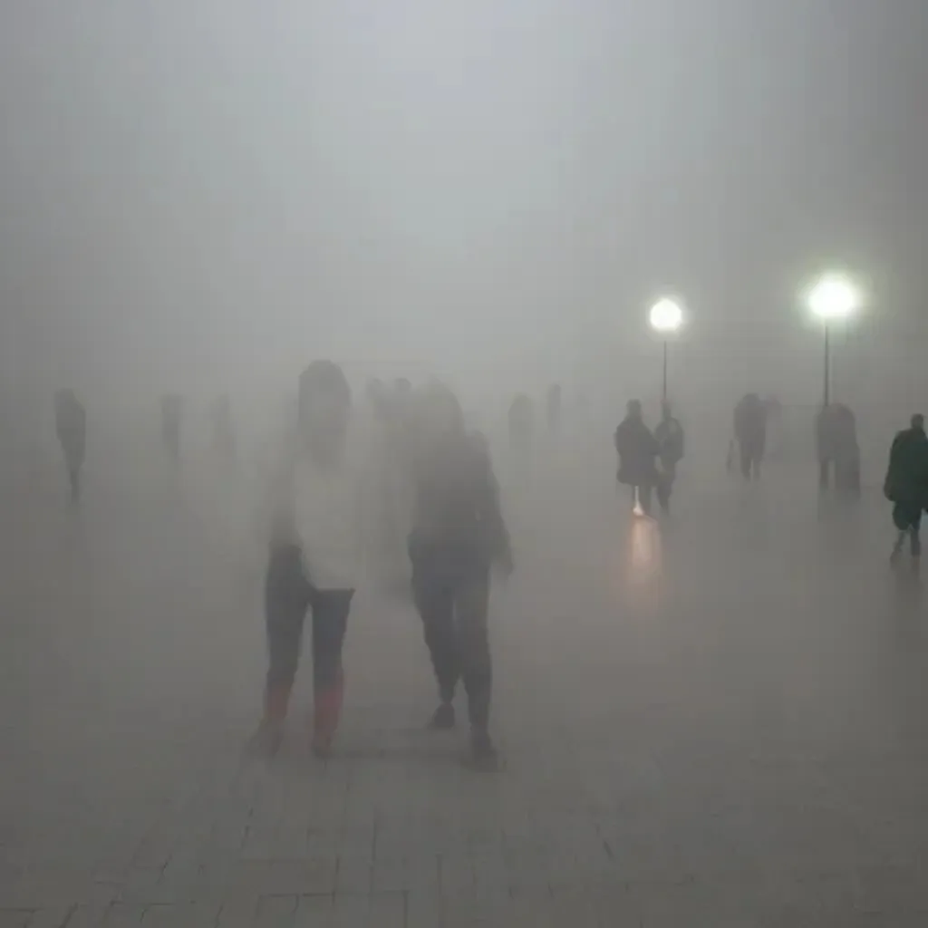 Prompt: liminal space mall with people in the fog at night