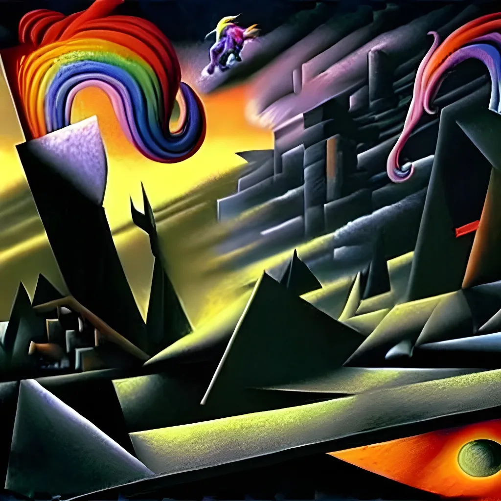 Prompt: My little pony!

Impressive cubism Oil painting matte painting in the style of Dave McKean, Juan Gris, zdzisław beksiński, Tim Burton, Greg Rutkowski, Sho Murase, Dan Mumford. 

Inspired by outer space. 

Futuristic, epic, legendary,  cosmic, glowing, neon, cyberpunk, glitter, flashing, storms, milkyway, supernova, astronaut, space, galaxy, interstellar, universe, space, alien,  UFO, black hole, planets, holographic, astral, cinematic stunning intricate, mathematical, detailed, dramatic, atmospheric maximalist.