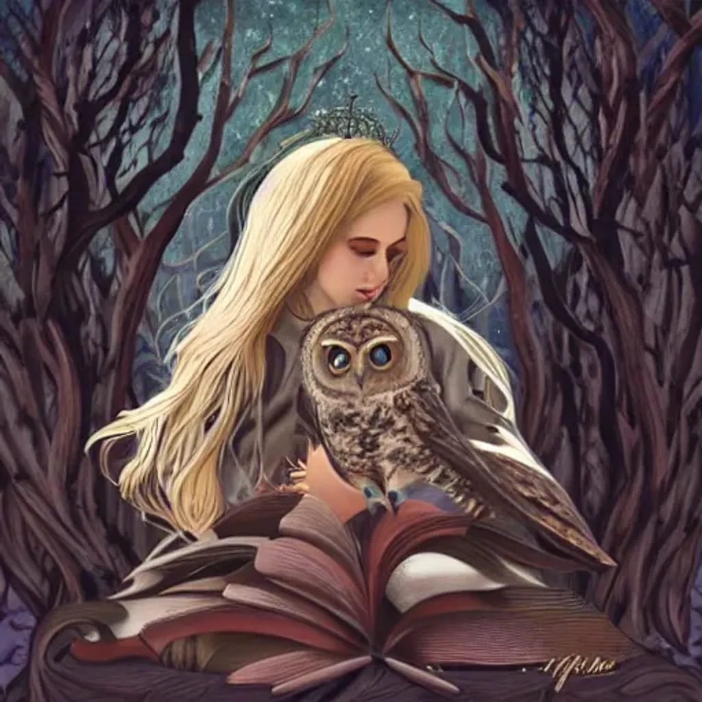 Prompt: young blonde witch with owl