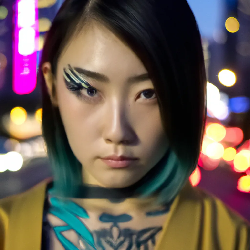 Prompt:  Portrait of a Beautiful Japanese Woman wearing Robes with detalied green eyes, irezumi tattoo, background city, 8k, UltraHD, photorealistic, lighting, dramatic, cinematic lighting, high contrast | 100