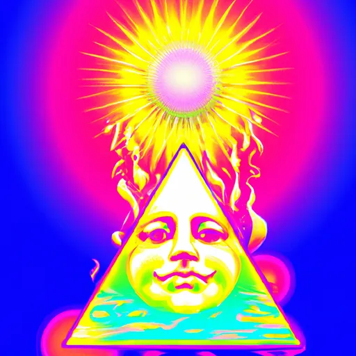 Prompt: sun with face acid trip alchemy, esoteric, hyperrealistic, vaporwave 90s ocean pyramid, Illuminati, cannabis, melting