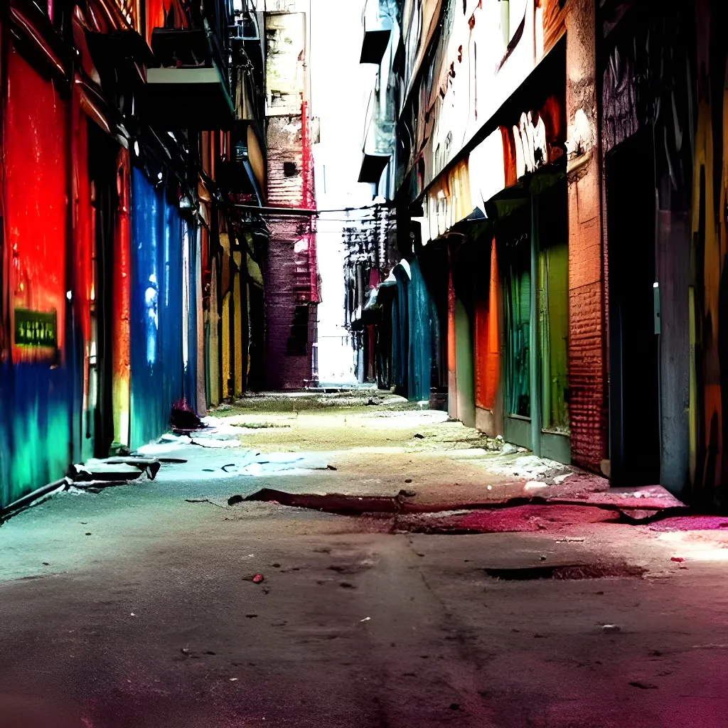 Prompt: looking from a dark alley during the night, in a colorful, dirty rundown city