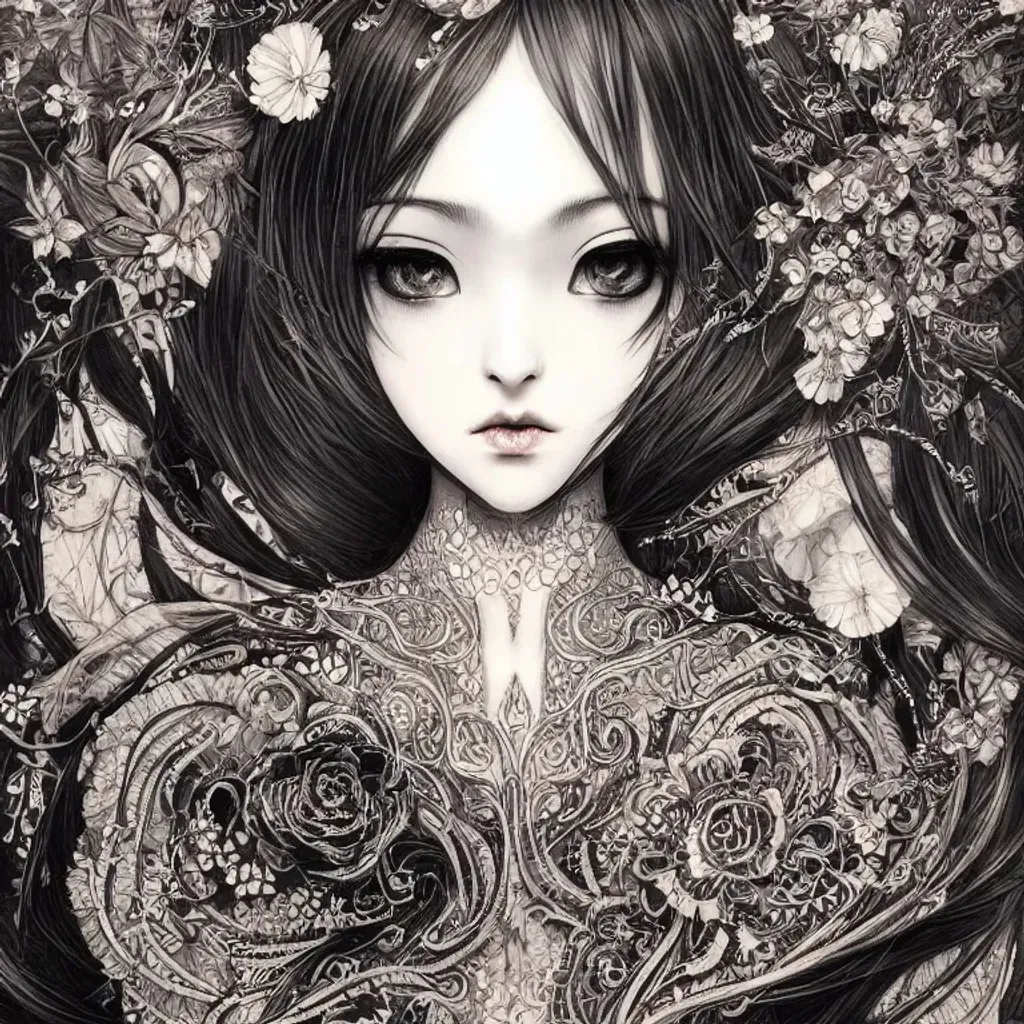 Prompt: a beautiful girl, dark fantasy, intricate, elegant, fine details, symmetrical face, detailed face, highly detailed, golden ratio, art by ai yazawa