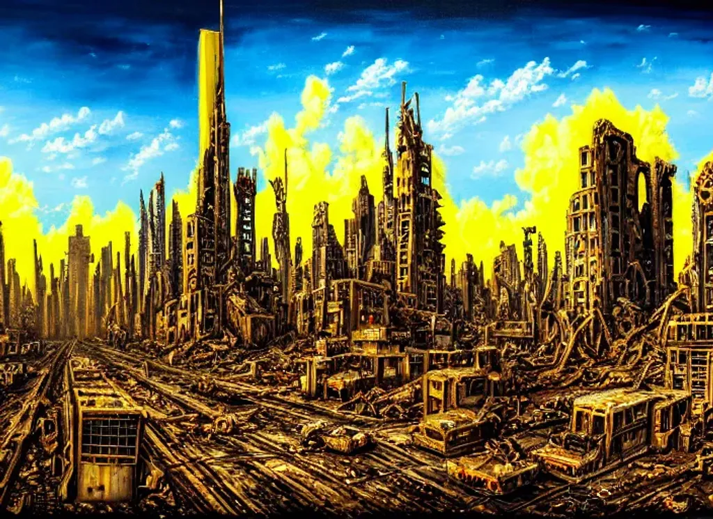 Prompt: A detailed painting of ((((vast Dystopian Wasteland futuristic metropolitan)))), nyc, ((((post nuclear disaster)))), ruins, yellow and blue and brown colours, ((((oil painting)))), ornate, disturbing, dramatic lighting, hd, ultra detailed, (((((cinematic shot)))))