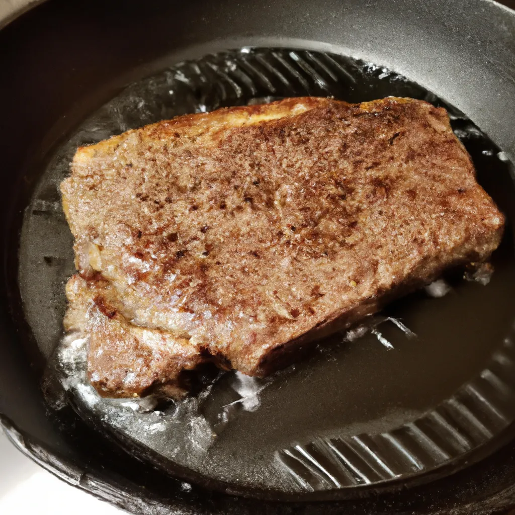 Prompt: Sizzling steak in a cast iron skillet