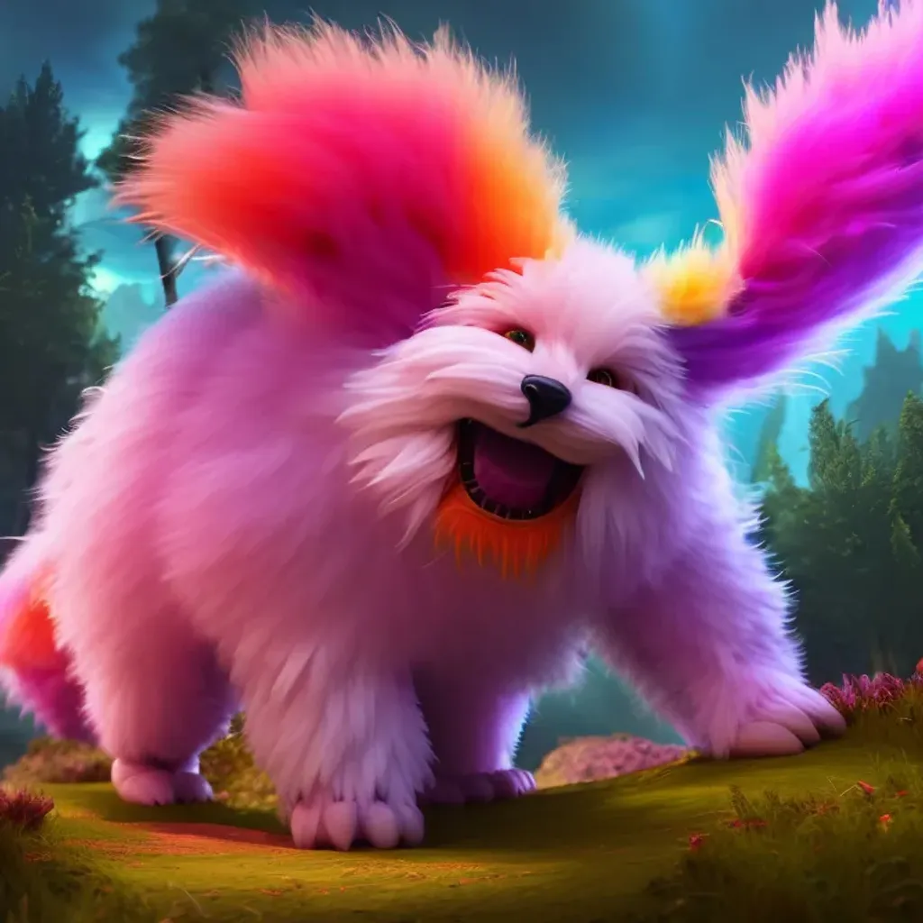 Prompt: Cute fluffy monster with bright colorful fur; big friendly adorable beast in an enchanted forest; 64 megapixels 8k resolution HD hyperdetailed maximalist atmospheric cinematic intricate epic fantasy digital illustration, Octane Render, Unreal Engine 5, cheerful masterpiece fantasy scene by Disem Genedom, Harka Vizindri