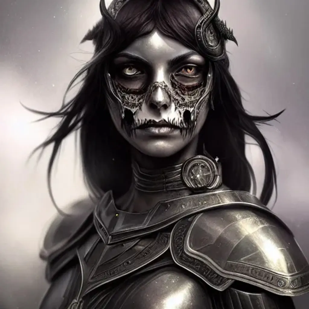 Prompt: A highly detailed portrait of an undead woman in heavy armor, short black hair,  beautiful, intricate, unreal engine, medieval, highly detailed, centered, digital painting, concept art, smooth, sharp focus, illustration, artgerm