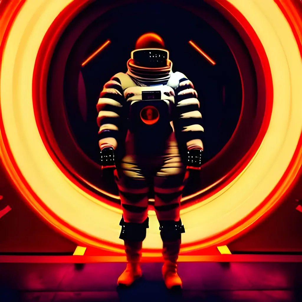 Prompt: Moody Portrait of a Futuristic Cyberpunk Space Suit with an athletic masculine body,facing towards the camera with swagger,Cinematic Stanley Kubrick movie still with the iconic big circular ring lights in the background, 8K, digital art, unreal engine 5 render, octane render, photorealistic, photography, professional lighting and composition, award winning, intricate details, iconic movie shot by Stanley Kubrick with ring lights