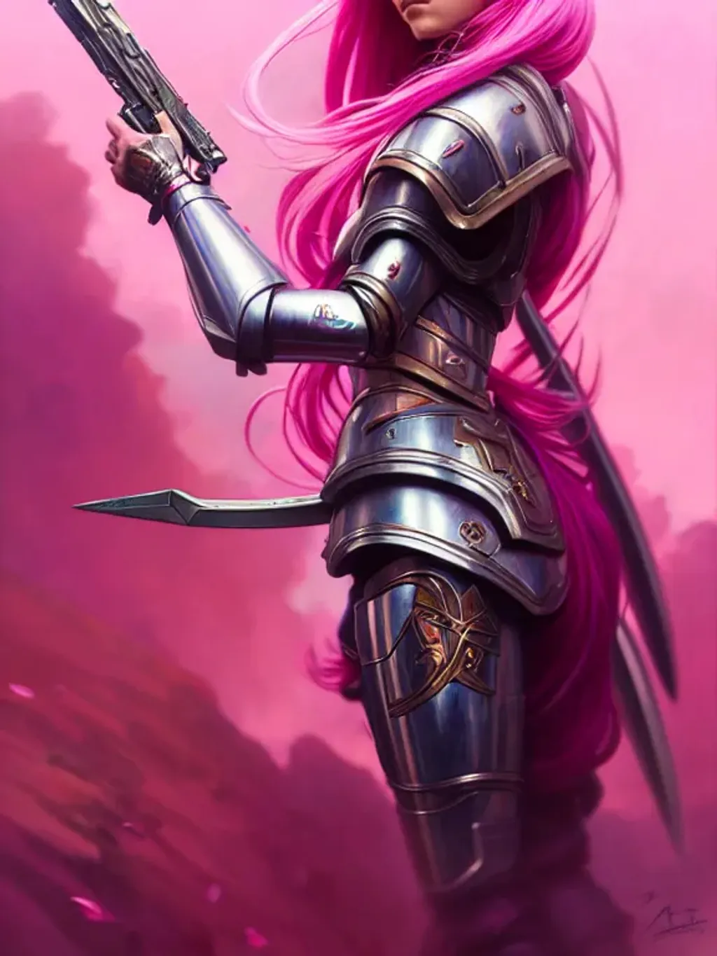 pink haired anime warrior girl with armour and a sword