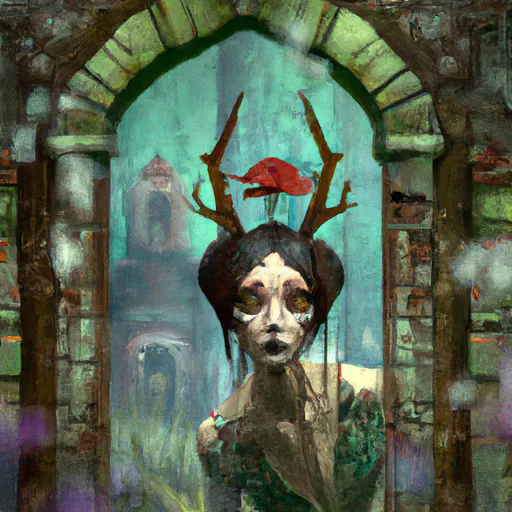 Prompt: Face of A mysterious lady with glowing red eyes, floral dress, deer horns on the head that is walking trough ruins of a mirror fortress. Bokeh, matte painting. Elegant detailed digital art By Gil Elvgren and Tim Burton.