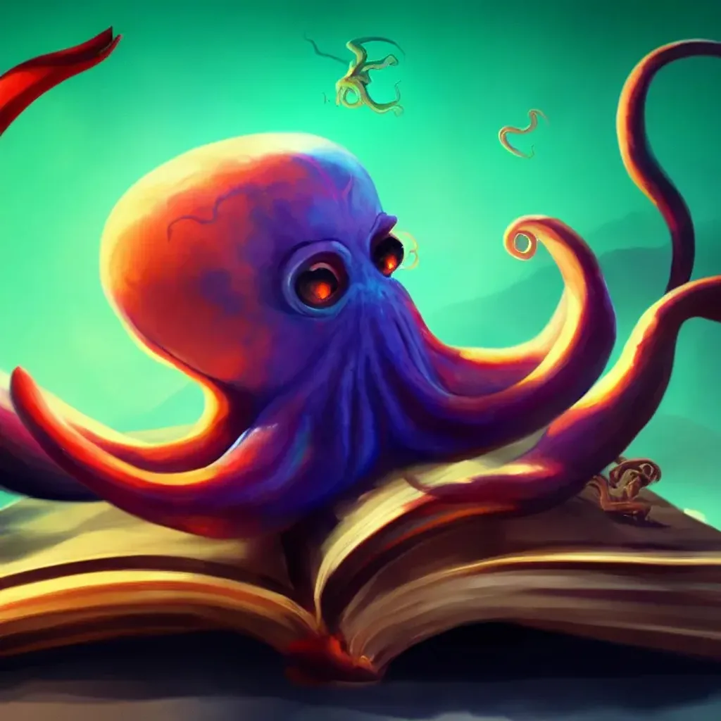 Prompt: a painting of an octopus sitting on top of an open book, concept art, Artstation contest winner, fantasy art, portrait of a mind flayer, colorful spells, in style of kyrill kotashev, epic music album cover, amazingly composed image, symmetric concept art, wizard reading a directory, pscychodelic, extended art, female occultist