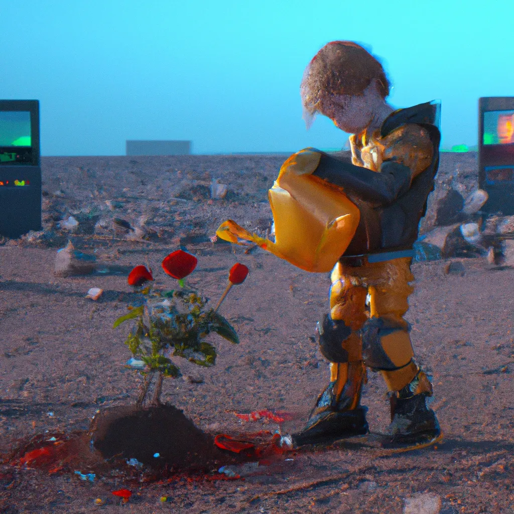 Prompt: 🙂 cute adorable yellow hair boy wearing cyberpunk hoodie, using cyan watering pot watering a red rose  on the ground, in the junk wasteland on mars, cinema 4d, light in Octane Render