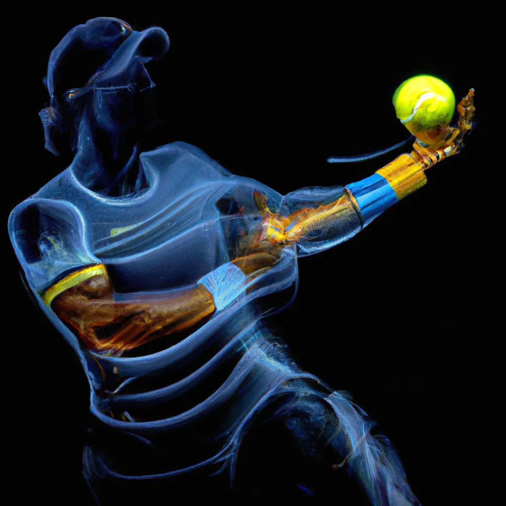 Prompt: a smooth transparent clear crystal body of Rafael Nadal serving a tennis ball appears to be illuminated by smooth streaks of random lightning bolt wrapping his body in total darkness by Christian W. Staudinger, featured on cg society, perfect composition, black background, darkness, holography, backlight, transparent crystal, chiaroscuro, bioluminescence, opalescent, iridescent, x-ray hologram | 3d octane render | octane lighting | dream fantasy | centered | octane render artstation trending 8k ultra-detailed  | sharp focus golden ratio | Disney Pixar Dreamworks 